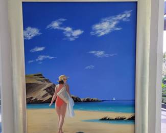 Alex Mackenzie Woman on the beach oil on canvas - measures approx 22" W x 28" H - Signed 