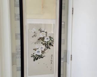 Magnolias- Asian scroll painting in shadow box - Signed Professor Xiao in China- measures approx 27" W x 66" H