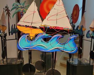 Sailboat metal art sculpture by Frederick Prescott - signed -measures approx 30" W x 36" H -with pedestal 6' tall