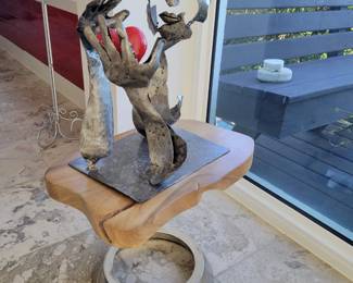 Mask heart metal sculpture w/ table base- by Barbara Henry Sculpture of Philadelphia -measures approx 14" W x 21" H