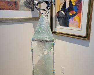 Horse metal sculpture and pedestal by Barbara Henry - of Philadelphia -measures approx 20" W x 78" H