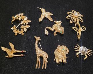 14K Gold animal and floral pins with emerald, ruby and diamond eyes