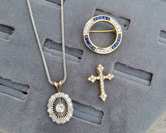 Antique 14k W gold .30 center diamond necklace, 14k Y gold diamond cross pendant,  18k Y gold sapphire diamond brooch