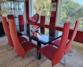 Roche Dining Room table and 10 red chairs - Black glass top extension table - measures 79-116" L x 29.5" H x 42" W