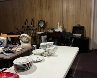 Pyrex  dishes, elliptical, wash basin, shower chair, sewing machine, typewriter, and other misc. items