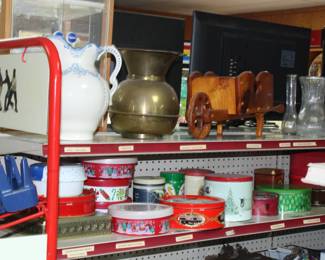 Christmas tins and misc glass