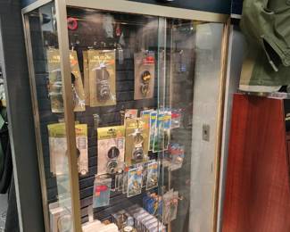 Patriotic Display Case w/ Assortment Of Military Surplus Items