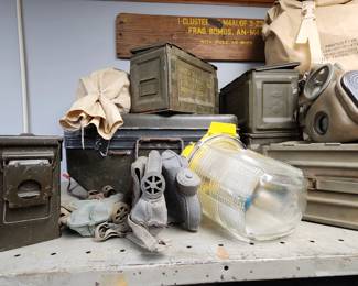 Vintage Ammo Boxes and Gas Masks
