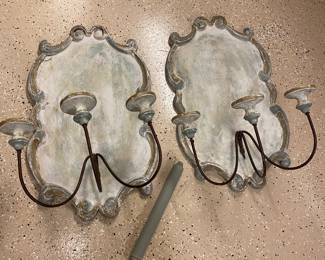 Pair of wood painted grey / teal green sconces for candles 2'x16" $295