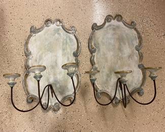 Pair of wood painted grey / teal green sconces for candles 2'x16" $295