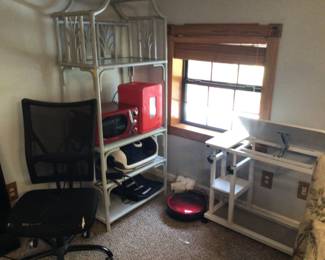 Shelf, microwave and mini fridge