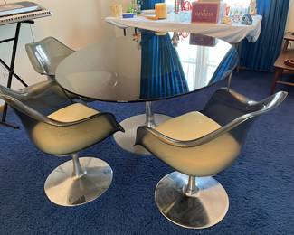 Chromecraft smoked glass top dining table with (3) Mid-Century smoked lucite and chrome tulip base chairs
