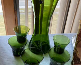 MCM Scandinavian green glass cocktail set (includes teak stir stick not shown)