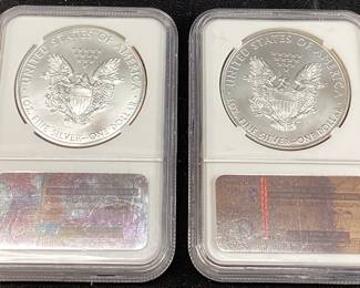(2) 2015 GRADED MS70 SILVER EAGLES, FIRST RELEASE, EARLY RELEASE