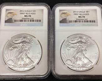  (2) 2012 GRADED MS70 SILVER AMERICAN EAGLES FIRST RELEASE