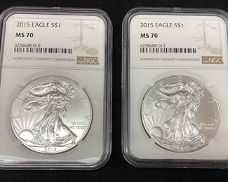 (2) 2015 SILVER AMERICAN EAGLES, GRADED MS70