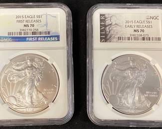 (2) 2015 GRADED MS70 SILVER EAGLES, FIRST RELEASE, EARLY RELEASE