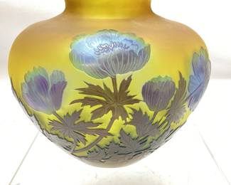 ANTIQUE FRENCH EMILE GALLE’ ART NOUVEAU VASE, 7''H, 8''W ETCHED AND POLISHED FLORAL DESIGN,