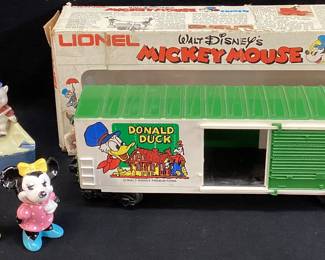ASSORTED WALT DISNEY COLLECTIBLES, LIONEL DONALD DUCK TRAIN CAR, MICKEY AND MINNIE JAPAN FIGURINES, 3 LITTLE PIGGIES ASHTRAY
