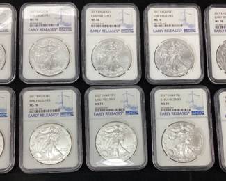 (10) 2017 SILVER AMERICAN EAGLES, EARLY RELEASE GRADED MS70 BY NGC