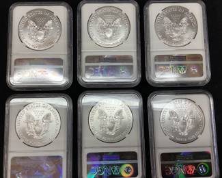 (6) 2017 SILVER AMERICAN EAGLES, MS70 by NGC, EARLY RELEASES