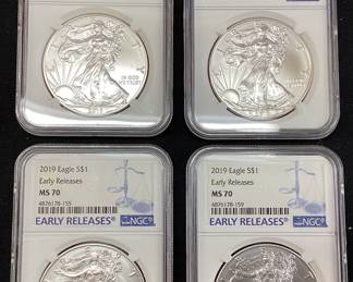 (4) 2019 SILVER AMERICAN EAGLES, GRADED MS70 EARLY RELEASES