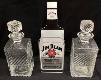 (3) JIM BEAM KENTUCKY BOURBON WHISKEY PLASTIC SLEEVE, 2 GLASS DECANTERS