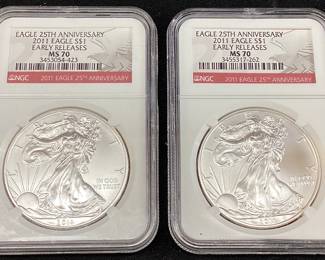 (2) 2011 GRADED MS70 SILVER EAGLES, 25th ANNIV., NGC,