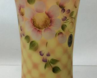 FENTON BURMESE GLASS VASE SIGNED SHELLY