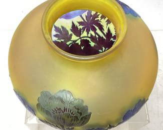 ANTIQUE FRENCH EMILE GALLE’ ART NOUVEAU VASE, 7''H, 8''W ETCHED AND POLISHED FLORAL DESIGN,
