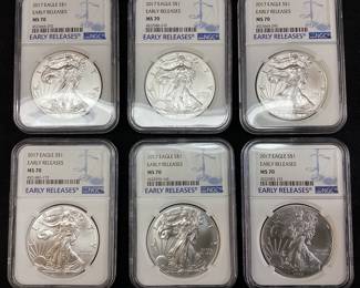 (6) 2017 SILVER AMERICAN EAGLES, MS70 by NGC, EARLY RELEASES