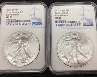 (2) 2021 GRADED MS70 SILVER EAGLES, TYPE 2