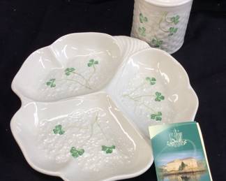 BELEEK SHAMROCK TRAY & JELLY JAR
