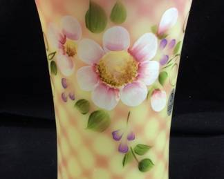 FENTON BURMESE GLASS VASE SIGNED SHELLY
