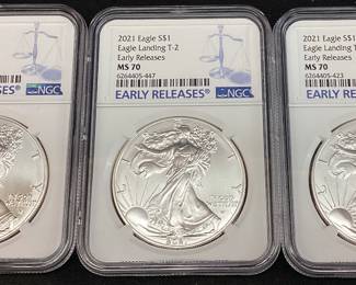 (3) 2021 GRADED MS70 SILVER EAGLES, TYPE 2
