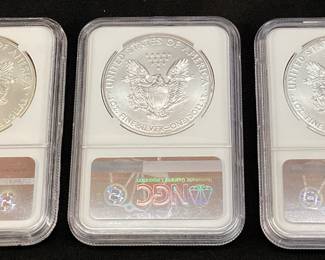 (3) 2015 GRADED MS 70 SILVER EAGLES, NGC