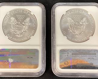 (2) 2011 GRADED MS70 SILVER EAGLES, 25th ANNIV., NGC,