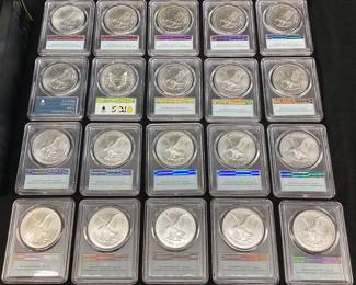 (20) 2021 GRADED PCGS MS70 SILVER AMERICAN EAGLES TYPE 2 IN SLEEVE,