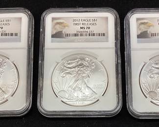 (3) 2012 1st RELEASES MS70 SILVER AMERICAN EAGLES, FIRST RELEASES