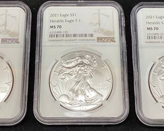 (3) 2021 GRADED MS70 SILVER EAGLES, TYPE 2