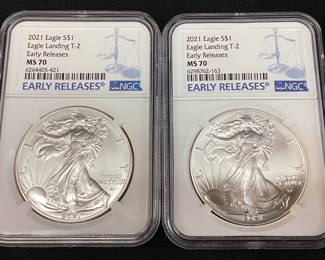 (2) 2021 GRADED MS70 SILVER AMERICAN EAGLES, TYPE 2