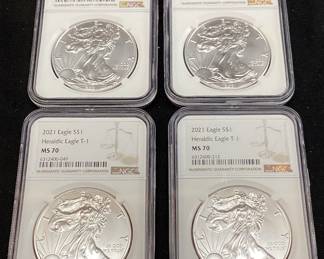 (4) 2015 GRADED MS70 SILVER EAGLES, WEST POINT MINT NGC EARLY RELEASE,