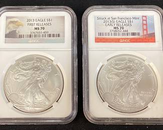 (2) 2013 GRADED MS70 SILVER EAGLES, FIRST & EARLY RELEASE
