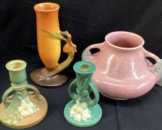 4 ROSEVILLE POTTERY PIECES, 2 CANDLESTICKS
