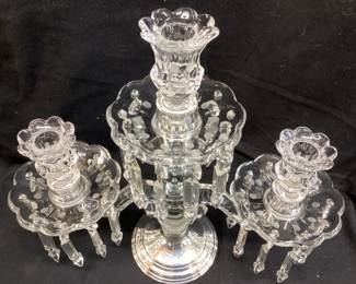 VTG. HEISEY CRYSTAL OLD WILLIAMSBURG 3 LIGHT CANDELABRA EPERGNE WITH WEIGHTED STERLING SILVER BASE
