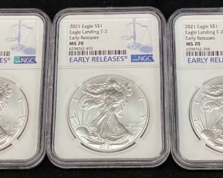  (5) 2021 GRADED MS70 SILVER AMERICAN EAGLES, TYPE 2