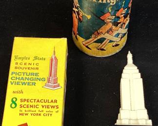 VTG. COLLECTIBLE EMPIRE STATE BUILDING VIEWER VTG. TIN COIN BANK