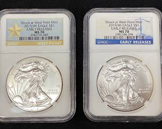 (4) 2015 GRADED MS70 SILVER EAGLES, WEST POINT MINT