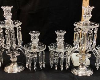 VTG. HEISEY CRYSTAL OLD WILLIAMSBURG 3 LIGHT CANDELABRA EPERGNE WITH WEIGHTED STERLING SILVER BASE
