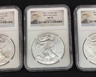 (3) 2012 SILVER AMERICAN EAGLES, FIRST RELEASES GRADED MS70